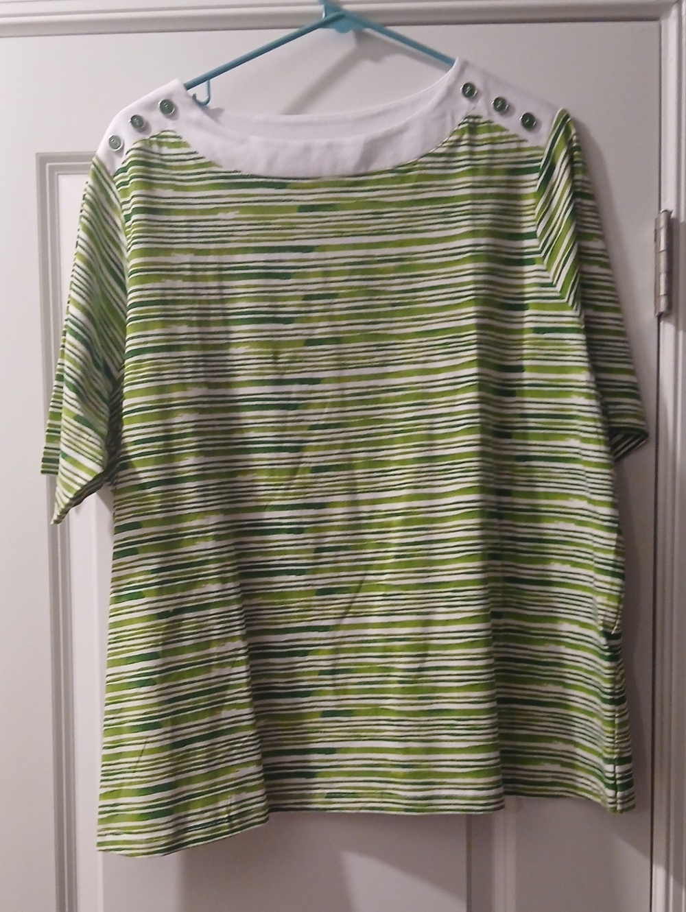 Appleseed's Green and White Striped Short Sleeve Top with Buttoned Shoulders